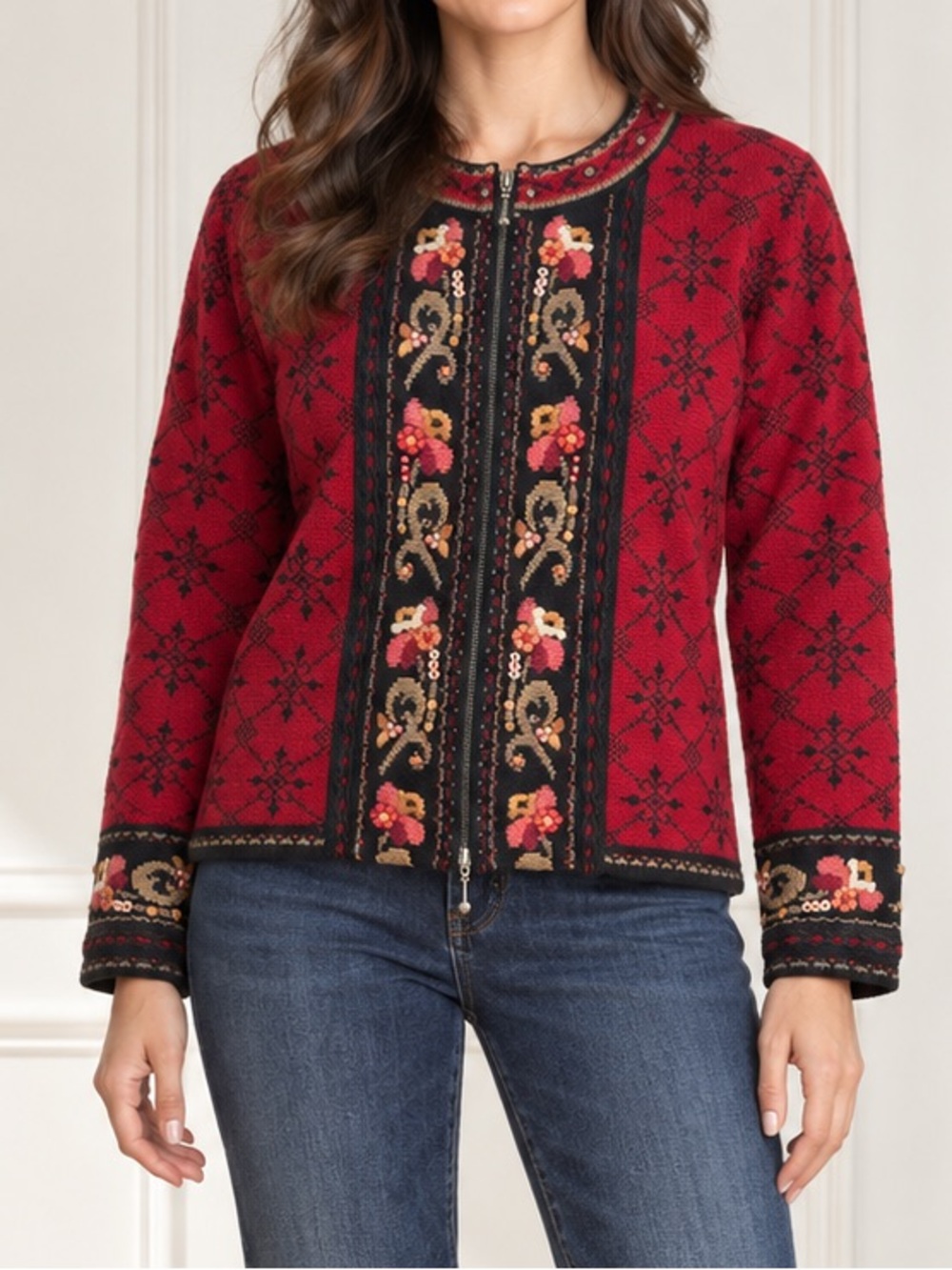 Icelandic Design Wool Cardigan Sweater M Red Nordic Embroidered Floral Full Zip